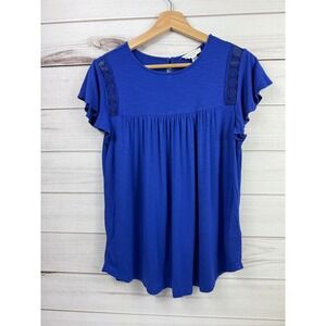 RIO‎ & RIAN New York Royal Blue Lace Trim Flutter Sleeve Babydoll Top Women's M